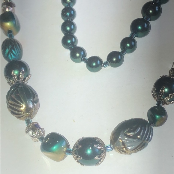 Vintage Green Iridescent Carved Plastic Beaded Boho Necklace - Picture 2 of 8